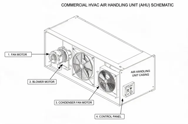 Schematic of HVAC air handling line with motor callouts